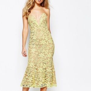 Yellow lace plunge neck midi dress